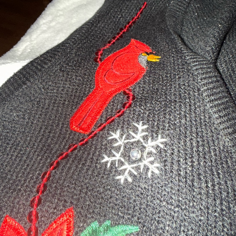 Susan Bristol Black Cardigan with Red Floral and Cardinal Design - Picture 2 of 7